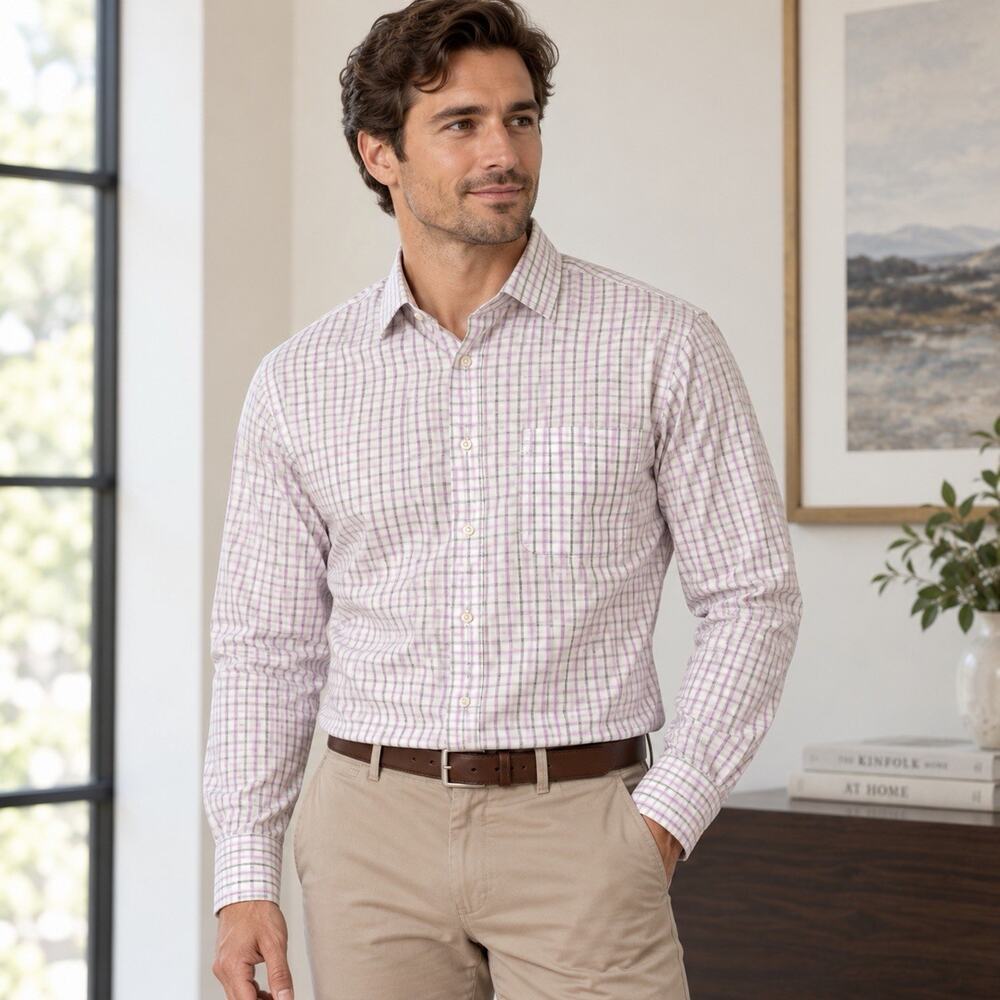 Nordstrom Men’s Dress Shirt 16.5 34/35 Trim Fit Purple Plaid Non-Iron Cotton
